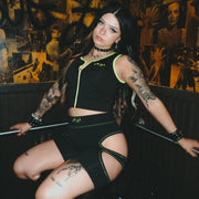 GREEN CONTRAST STITCH CUT-OUT BIKER SHORTS