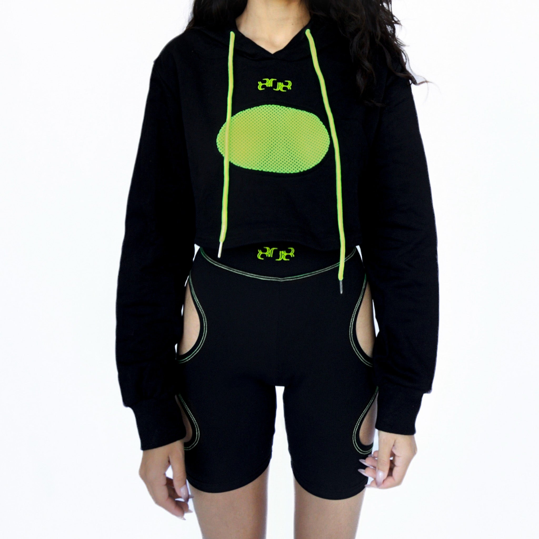 GREEN CONTRAST STITCH CUT-OUT BIKER SHORTS